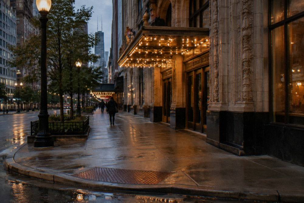 An evening view of a downtown Chicago street corner with theater marquees glowing