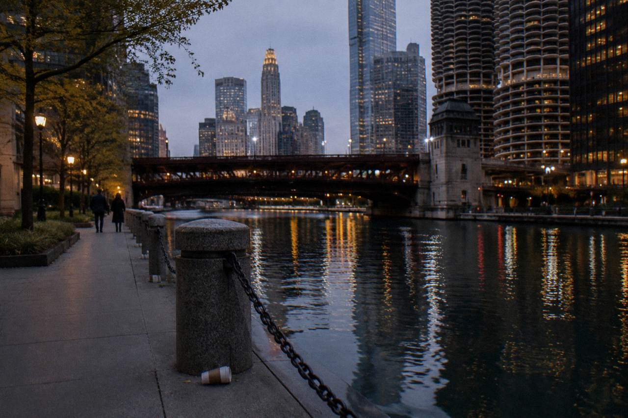 A quiet Chicago riverfront sidewalk at dusk with the lights of downtown buildings reflected in the river