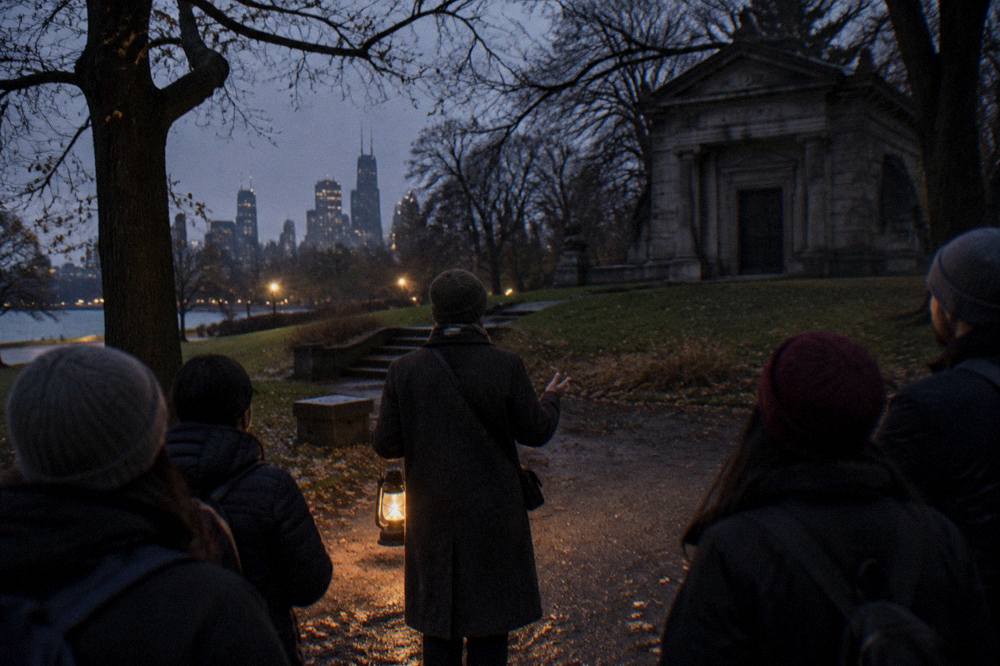 A guide addressing a small group on a dimly lit downtown Chicago sidewalk at night