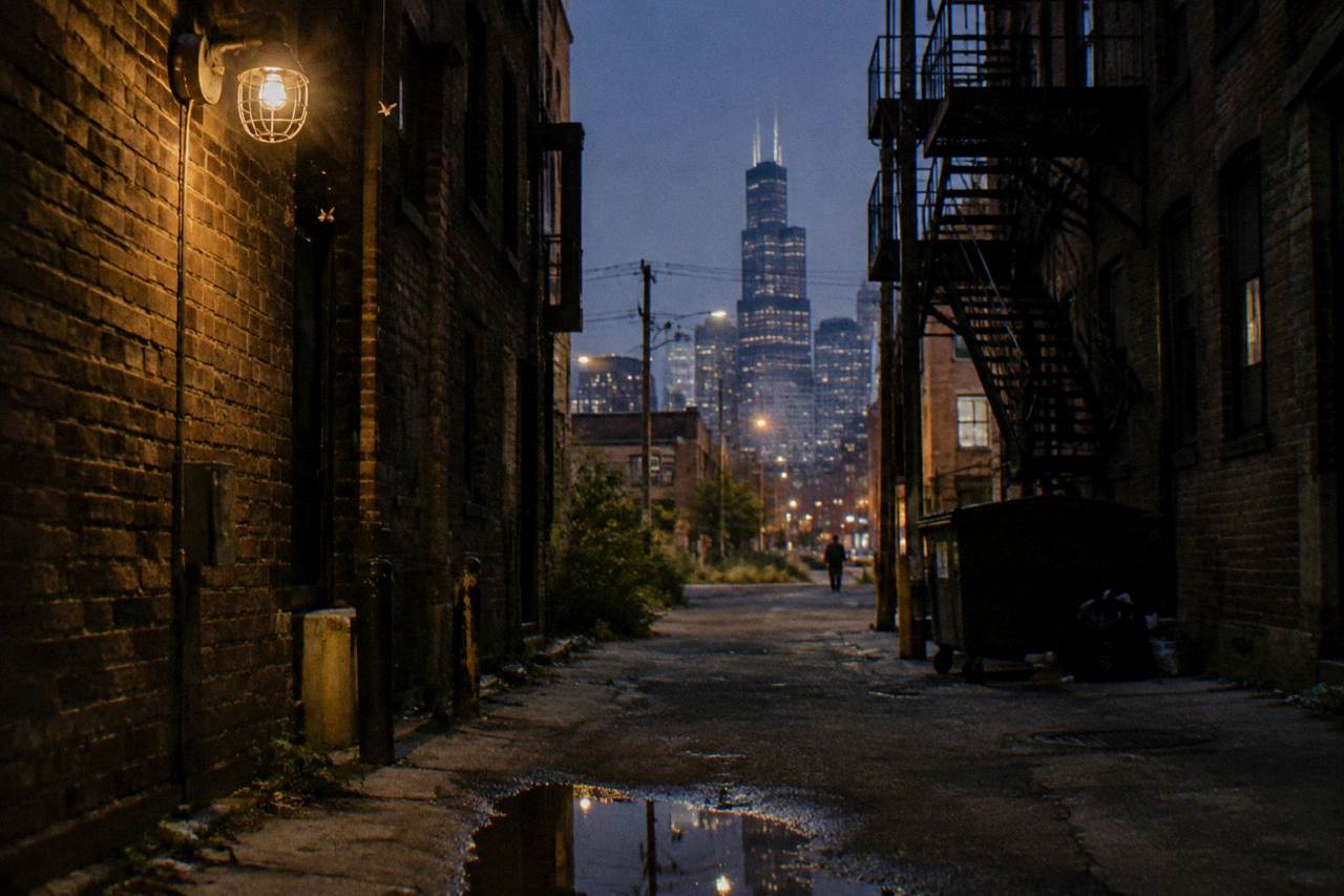 A lamplit Chicago alley at night with brick walls and fire escapes in shadow