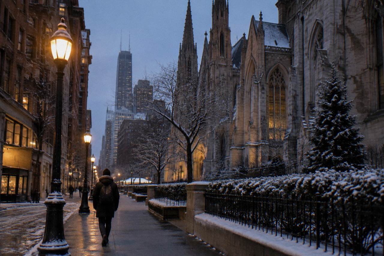 Frost-covered Chicago street at dusk with lit streetlamps and old brick buildings