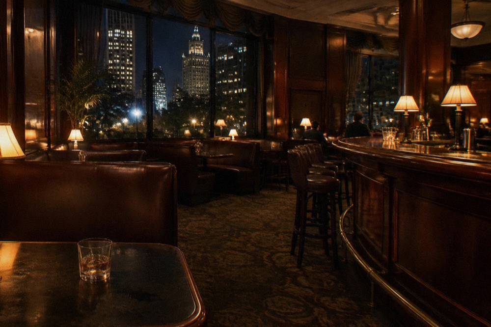 A vintage Chicago bar interior with dim lighting, wood booths and a curved counter