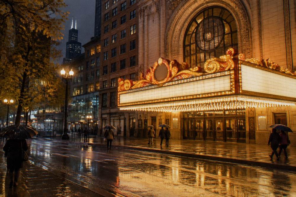 A Chicago street at night with lit theater marquees and wet pavement reflecting the lights
