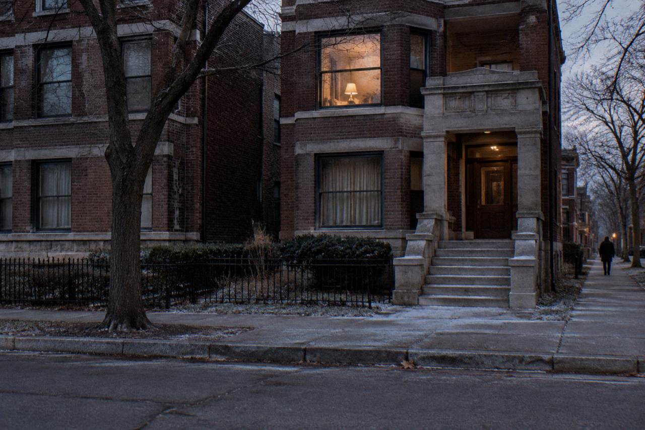 A quiet residential street in Chicago at dusk with brick two-flat buildings and bare trees