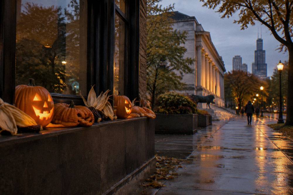 Pumpkins and fall decorations along a Chicago storefront in evening light