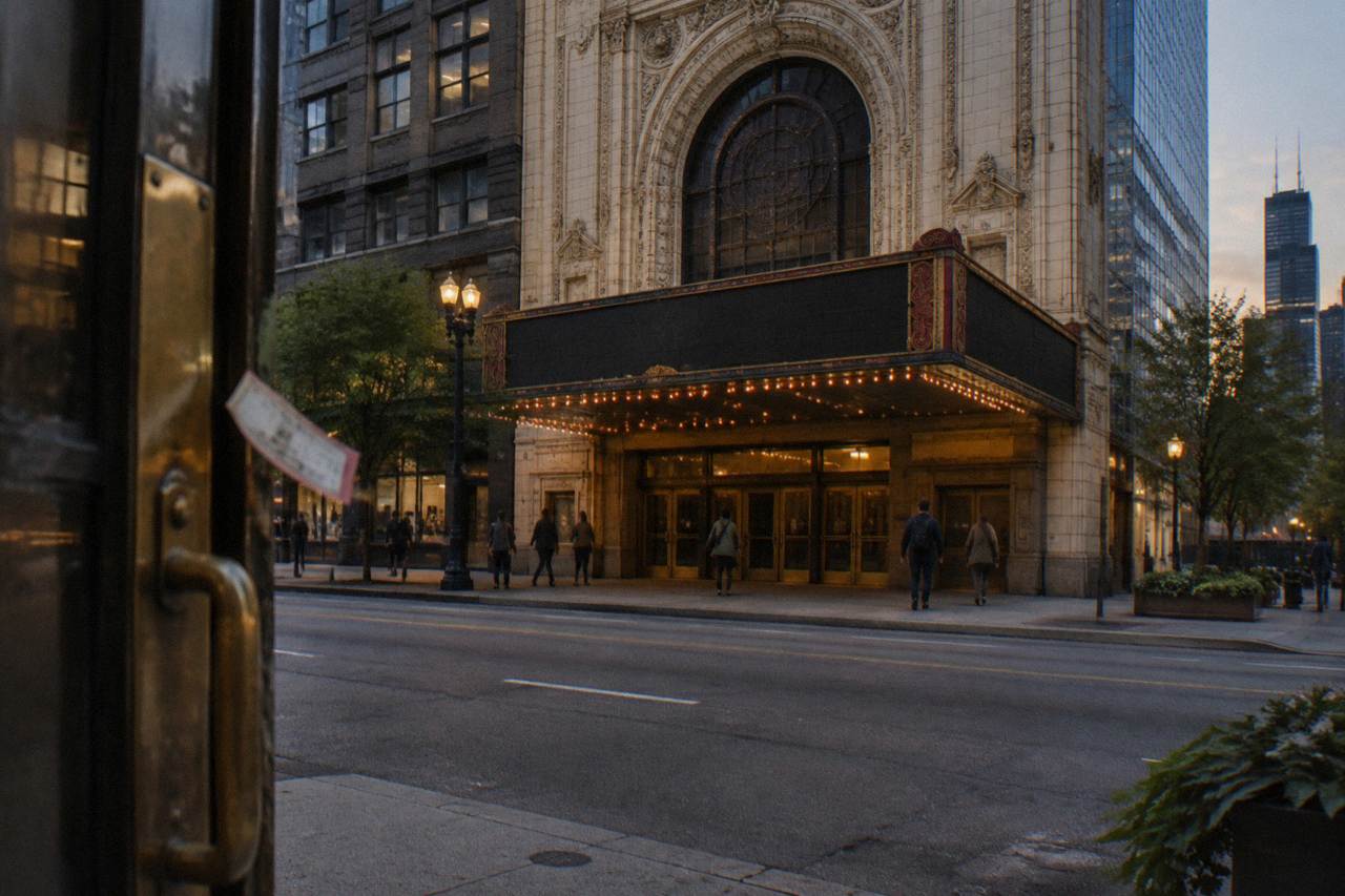 Empty evening sidewalk outside a historic Chicago theater with its marquee lights glowing