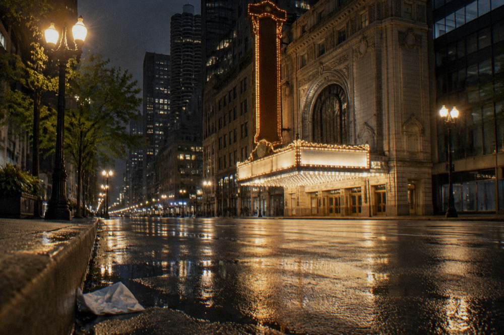 An empty Chicago street corner at night with a lit theater marquee in the distance