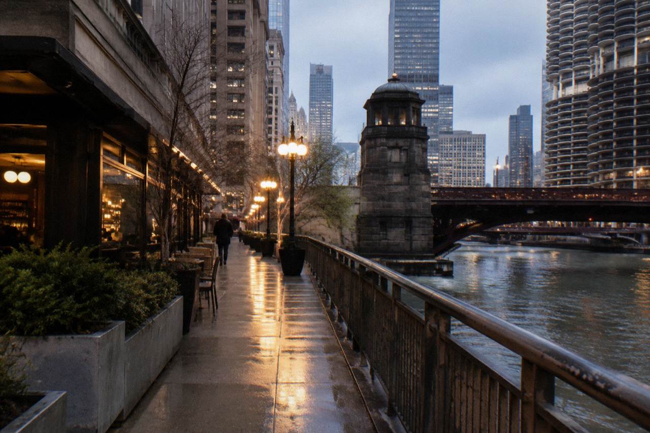 Gas street lamps glowing along a Chicago riverfront sidewalk at dusk with tall dark buildings behind