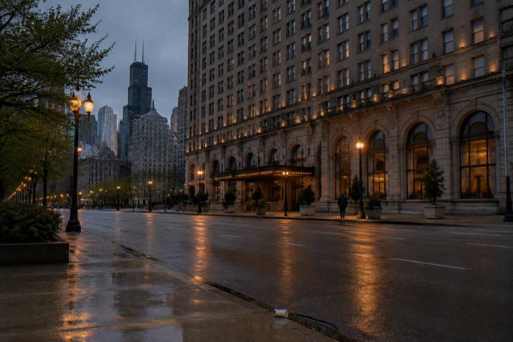 Dark evening street in the Chicago Loop with tall buildings and an empty sidewalk glowing under streetlights