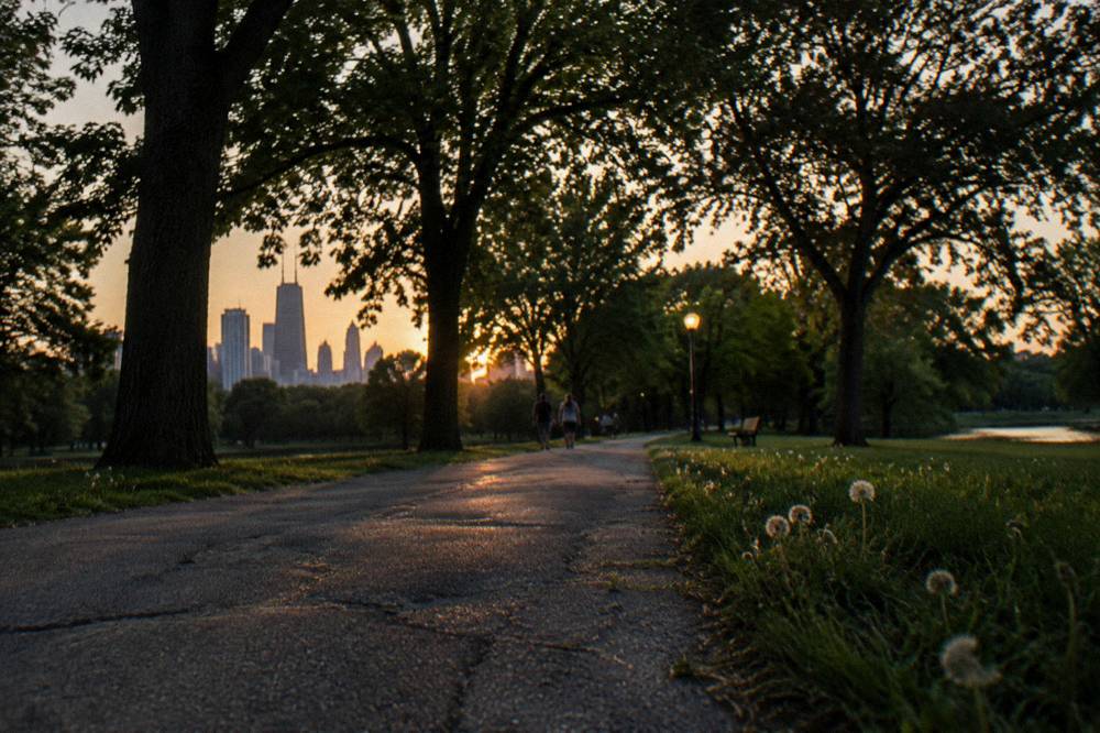 Tree-lined path in Lincoln Park at dusk with distant lamplight and dark grass