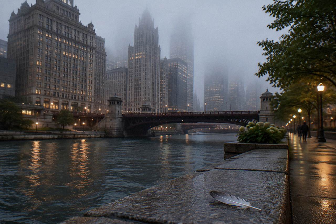 Fog over the Chicago River with dark hotel towers rising above the bridges at dusk