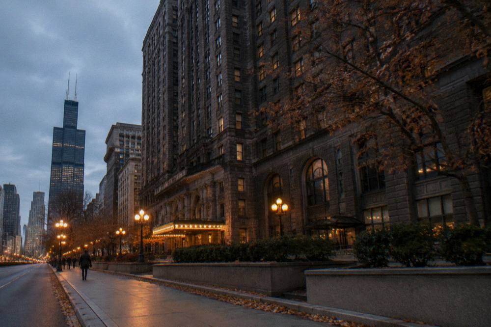 Autumn leaves along a Chicago riverfront street at dusk with streetlights on