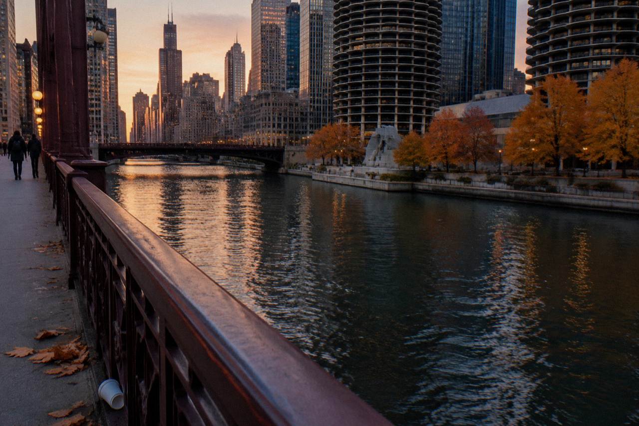 Chicago skyline at dusk with autumn trees along the riverfront