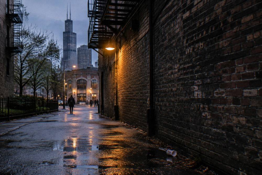 Dark historic city alley at dusk with brick walls, fire escapes and a single glowing lamp