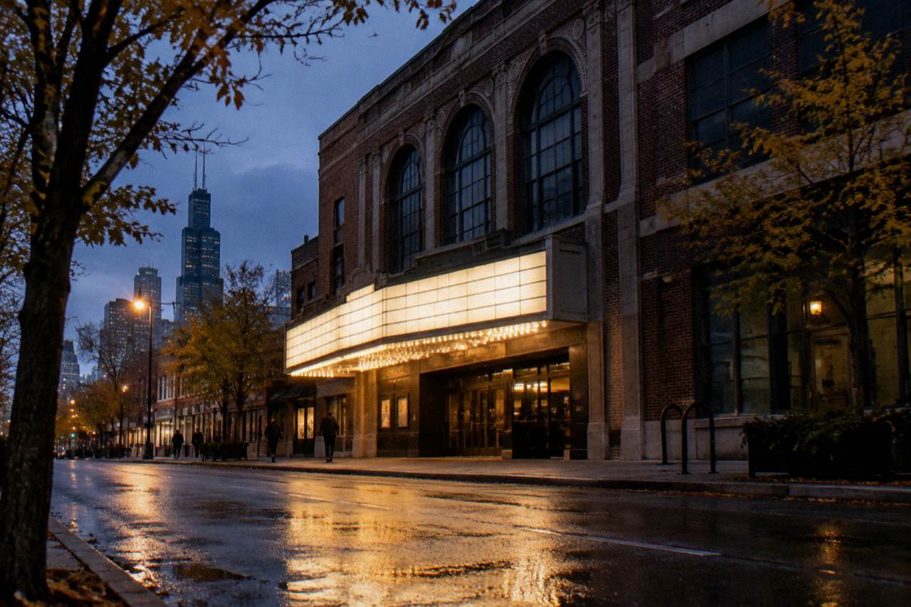 Evening view of a historic Chicago street corner with brick buildings and a lit vintage marquee