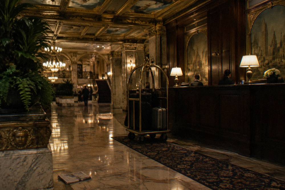 A gilded historic hotel lobby with ornate ceiling and dark wood front desk