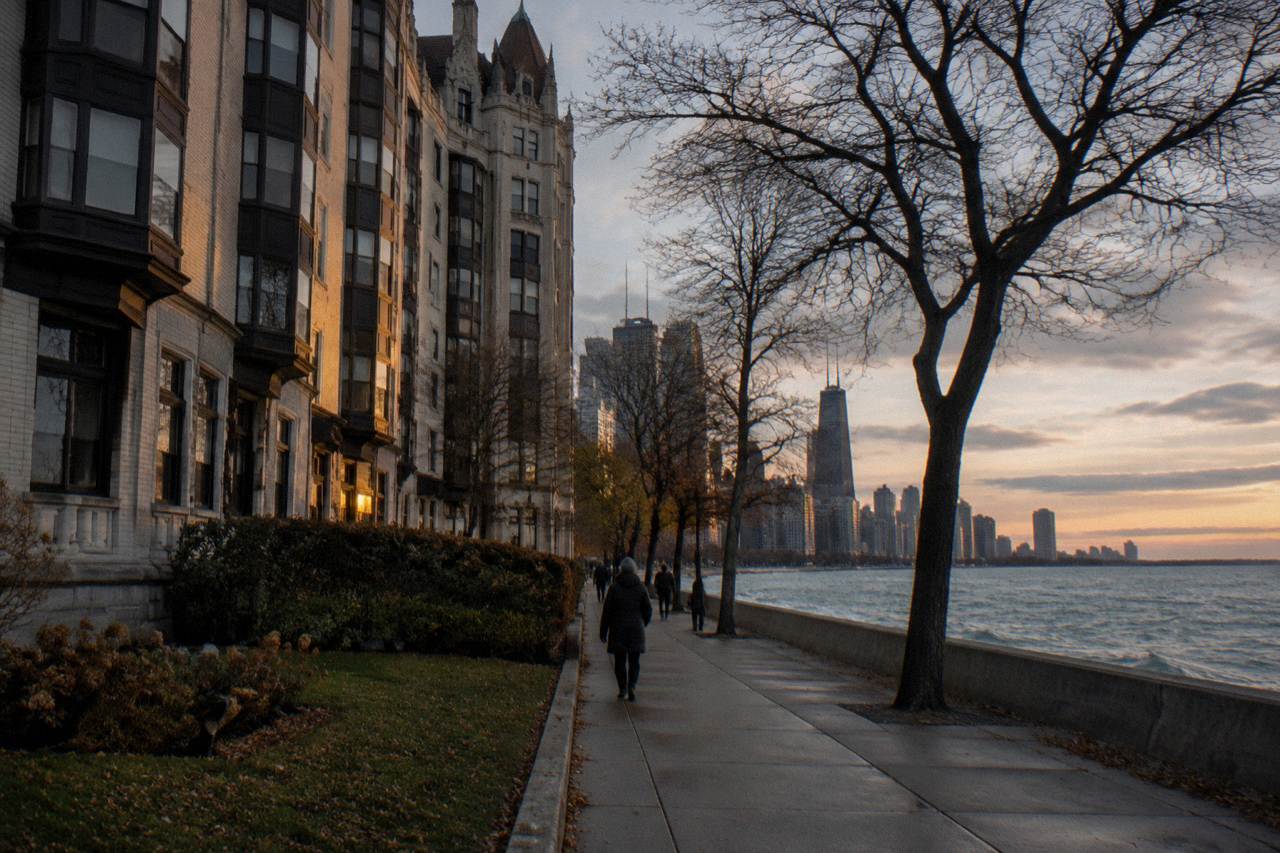 Evening light on a historic lakefront hotel facade in Chicago