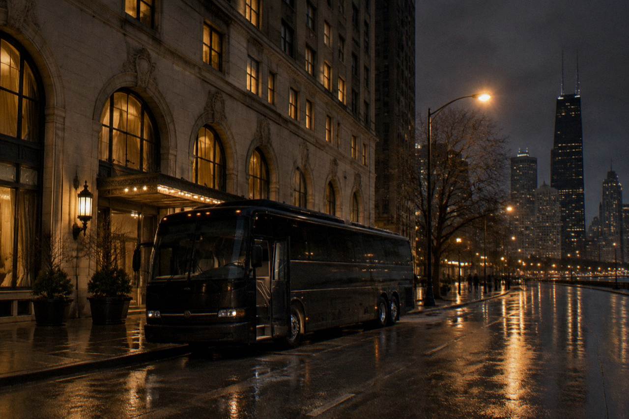 An evening tour bus parked outside a lit historic Chicago hotel on Michigan Avenue