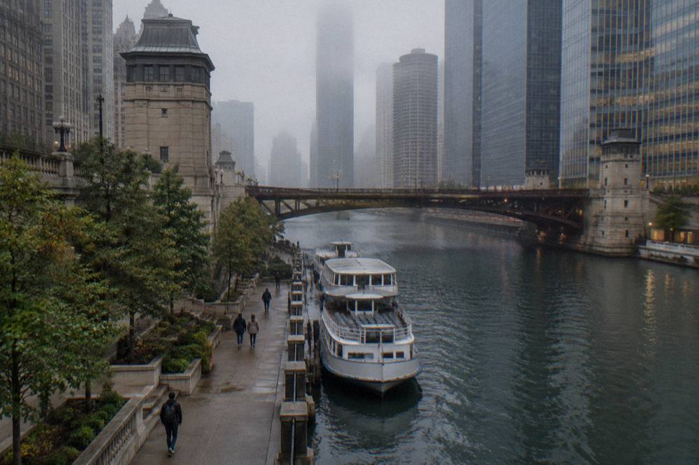 A wide Chicago riverfront walkway with bridges and tall buildings on both sides