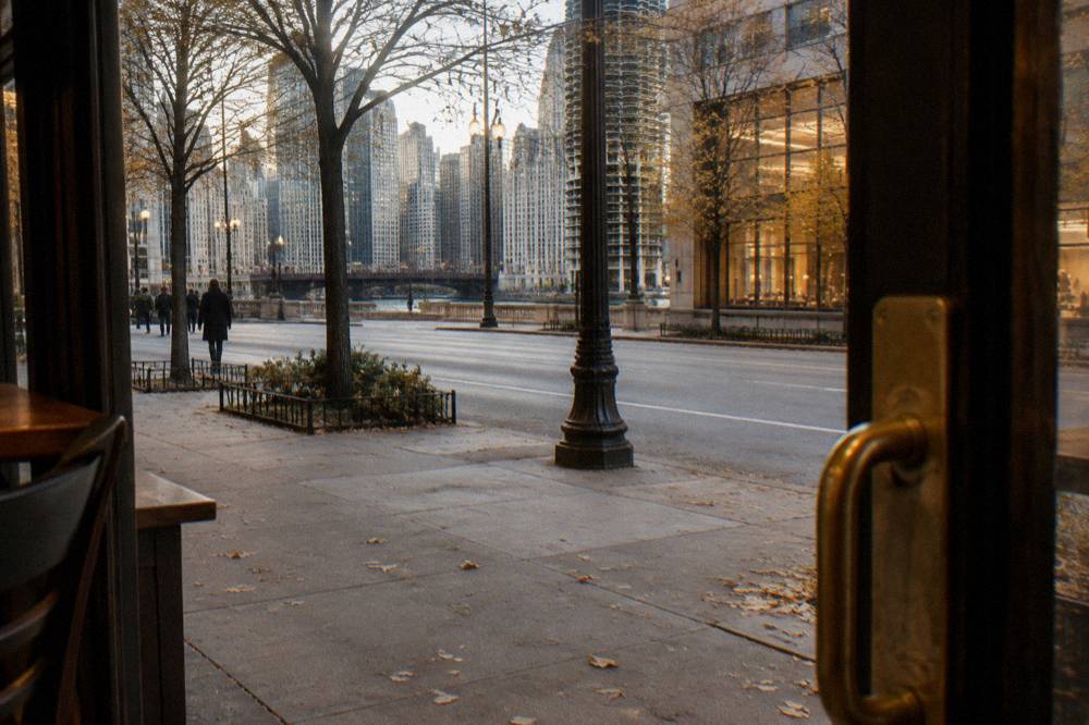 A fall evening street in a Chicago neighborhood with bare trees and glowing storefronts