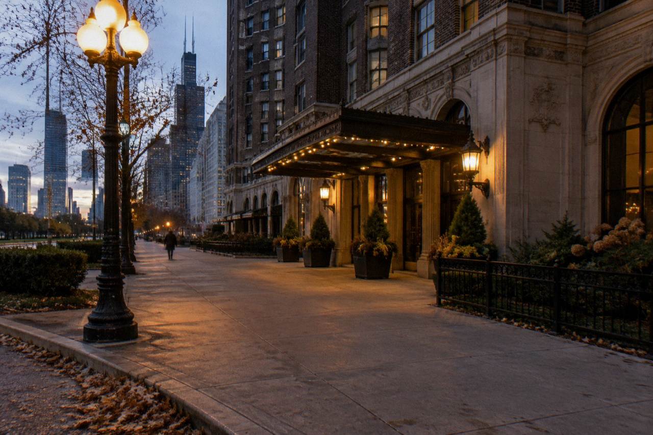 A lamplit Chicago sidewalk at dusk with old brick buildings rising above the street