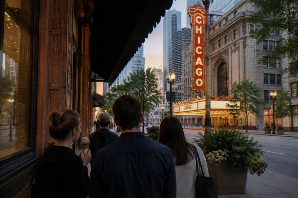 An evening city street with lit storefronts and a small group of walking tourists gathered around a guide