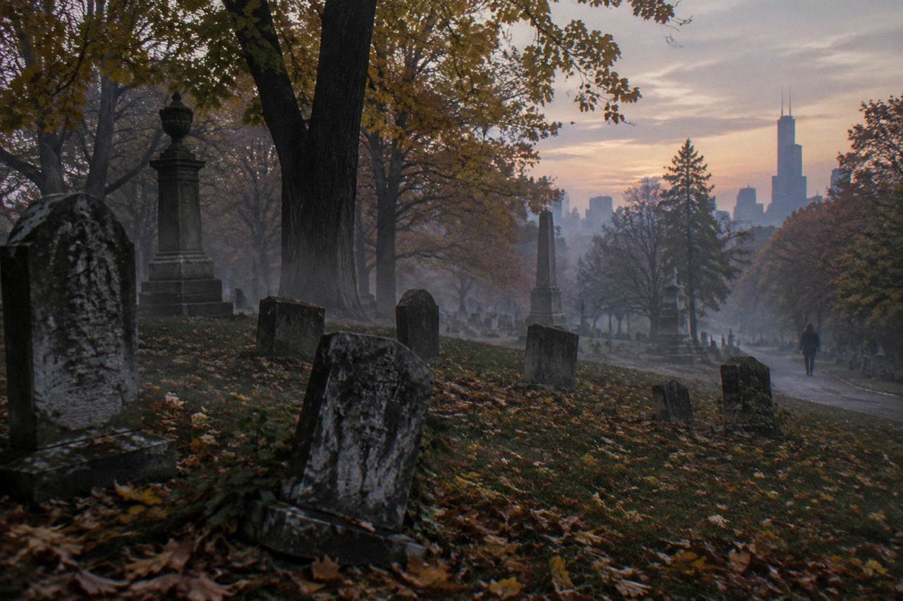 Weathered headstones in a small woodland clearing surrounded by tall trees at dusk