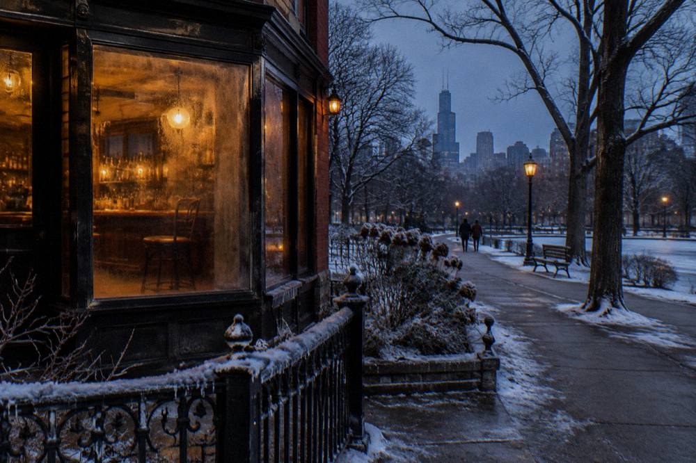 A Prohibition-era style bar front on a Chicago street at dusk with a glowing sign.