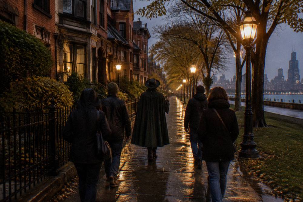 A costumed guide leading a small group down a lamplit Lincoln Park street at night.