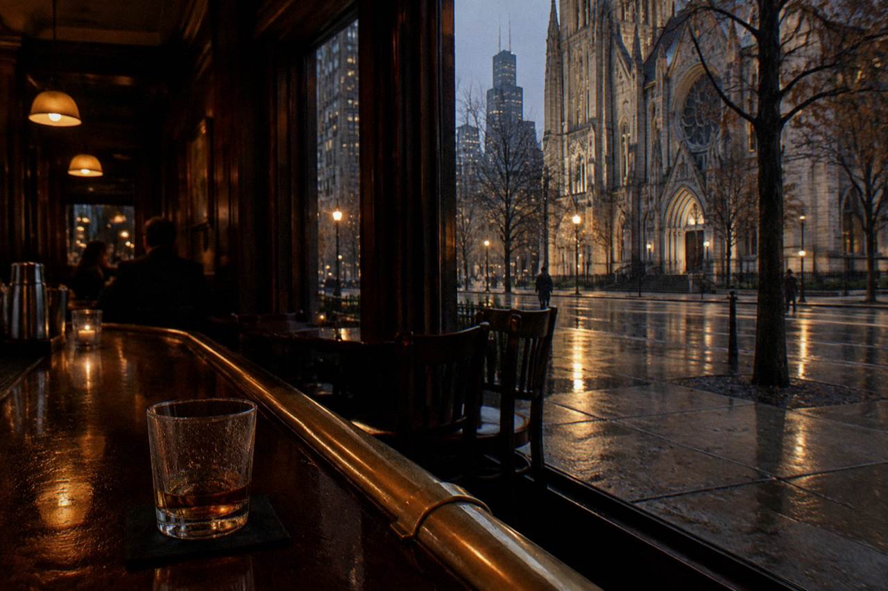A dimly lit vintage Chicago bar interior with dark wood, brass fixtures and glowing amber lights.