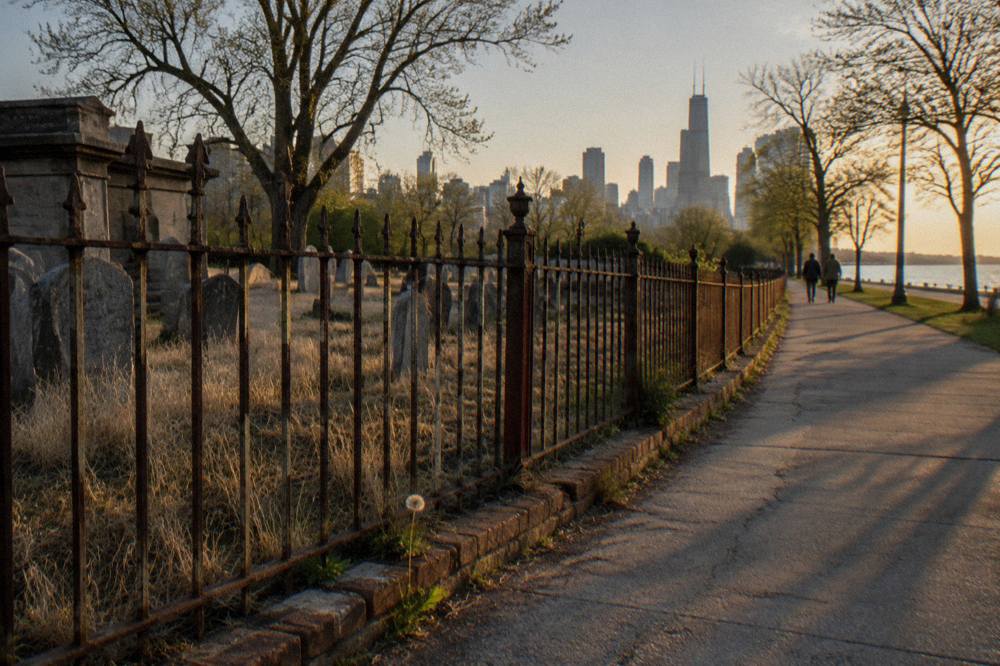 Iron cemetery fence and old headstones along a quiet Chicago street in late afternoon