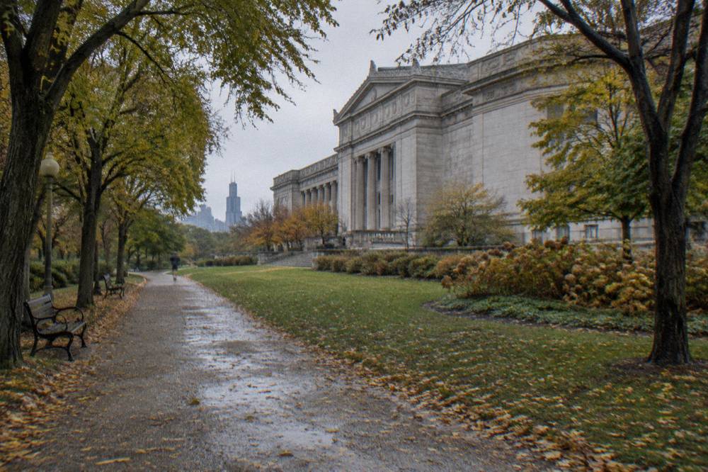 Tree-lined path in Lincoln Park leading toward the Chicago History Museum building
