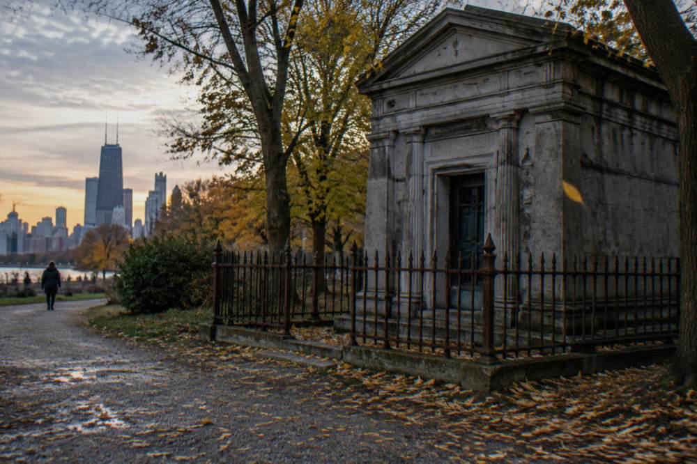 Autumn leaves scattered across a quiet cemetery path with iron gates in Chicago