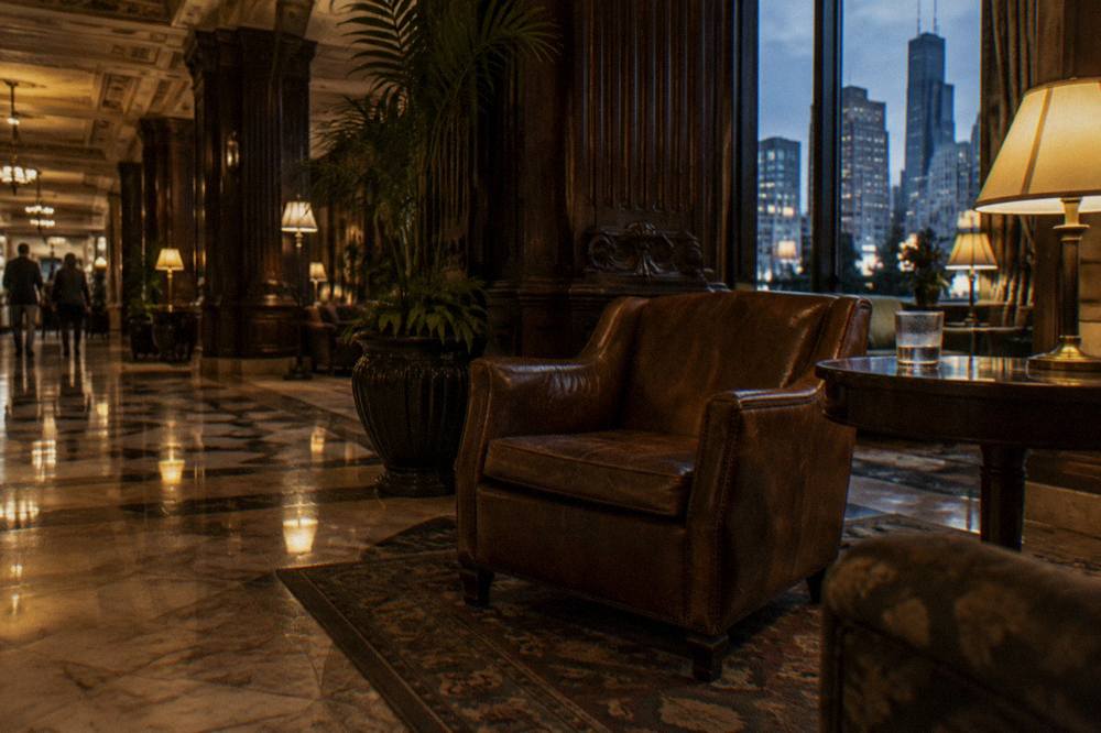 A grand historic hotel lobby with dark wood columns and marble floors under low evening light