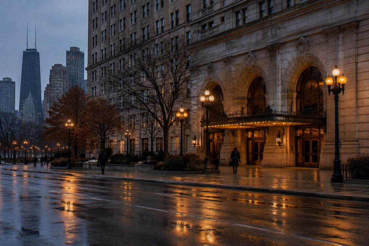 The gothic stone facade of a historic Chicago hotel entrance lit by evening street lamps