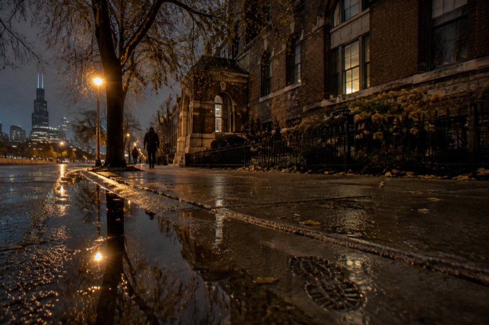 A wet Chicago sidewalk reflecting a streetlight, with tree branches and a stone wall beside the path