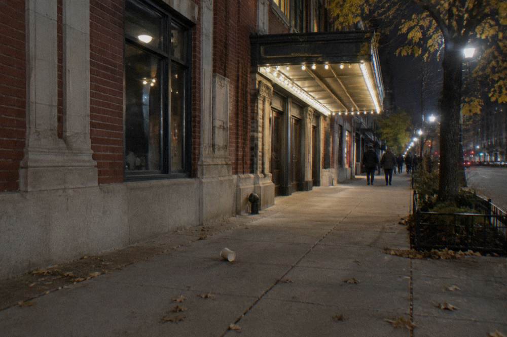A Chicago sidewalk at night with a red brick building, a streetlamp and early autumn leaves on the ground