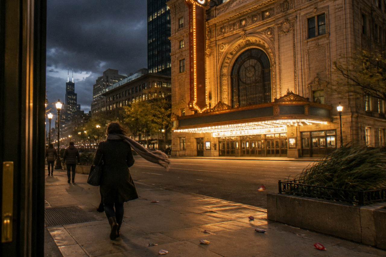 Evening view of a Chicago street with streetlights, trees and dark clouds over the sidewalk