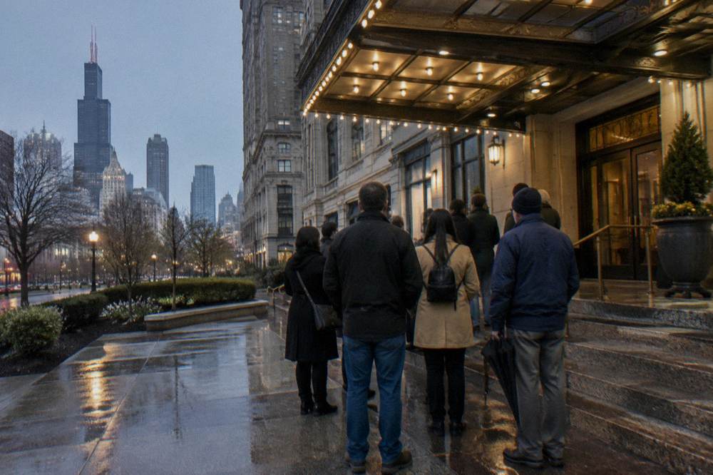 Evening street corner outside a lit Chicago hotel entrance with a tour group gathering