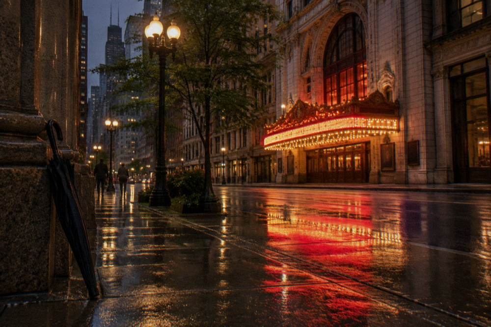 City street at night with wet pavement reflecting neon signs and theater marquees