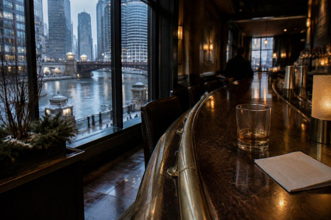 Dimly lit vintage bar interior with curved wooden counter and brass fittings in an old Chicago tavern