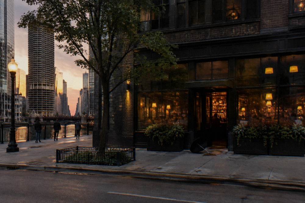 Vintage Chicago street corner at twilight with brick buildings and a lit storefront bar sign