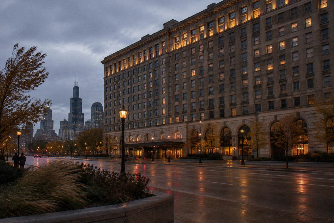 Evening view of a historic Chicago hotel facade with glowing windows above a busy downtown street