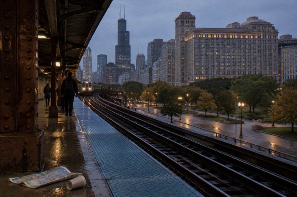 Empty early evening CTA platform with Chicago skyline rising behind the tracks