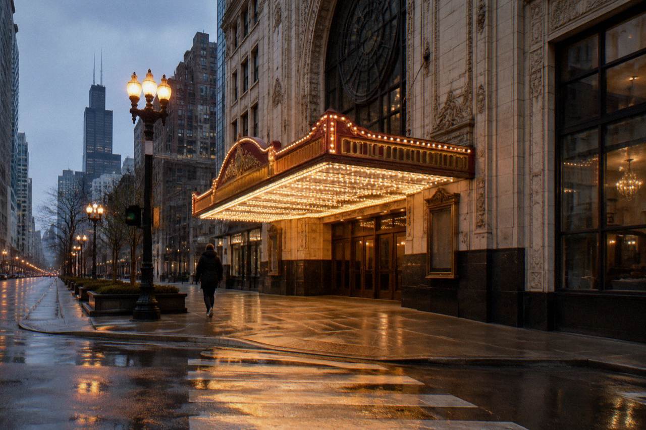 Chicago Theatre marquee lit at dusk on State Street in the Loop