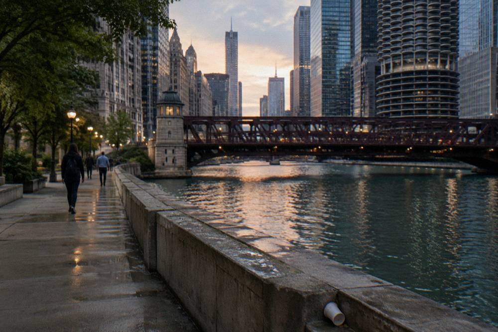 Chicago River bridges and riverside walkway in fading evening light