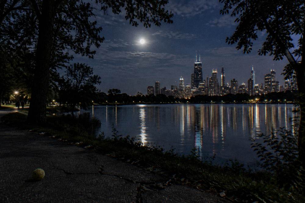Moonlight over Lincoln Park lagoon with dark trees and city skyline beyond