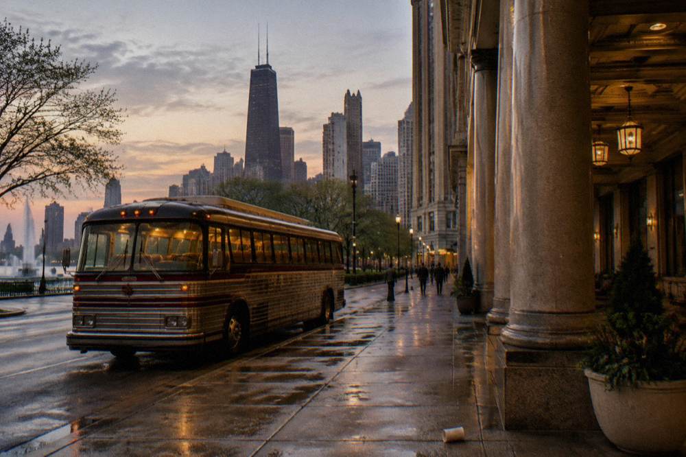Vintage-style tour bus parked on a Chicago street at dusk
