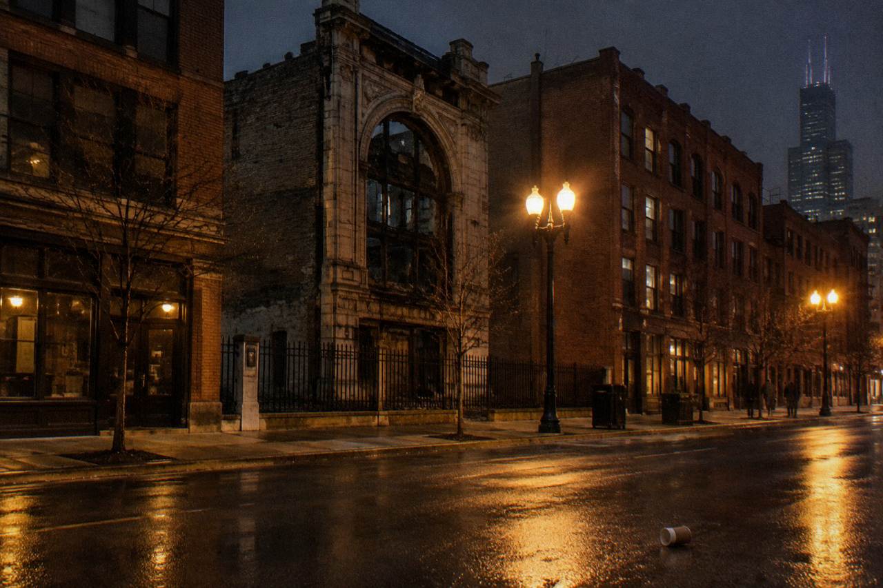 Empty nighttime street in Chicago's Loop with vintage brick buildings under streetlights