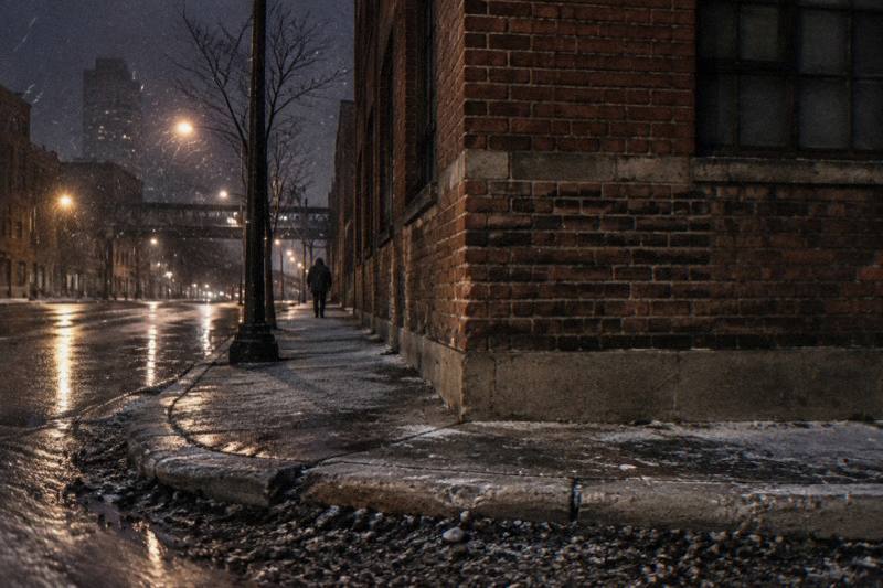 Brick corner on North Clark Street under sleet and lamplight on a raw February night